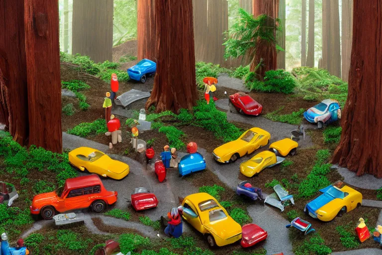 Image similar to fisher price redwood forest, california scene from tv show hyper detailed 5 5 mm 8 5 mm, toy photography, made out of plastic