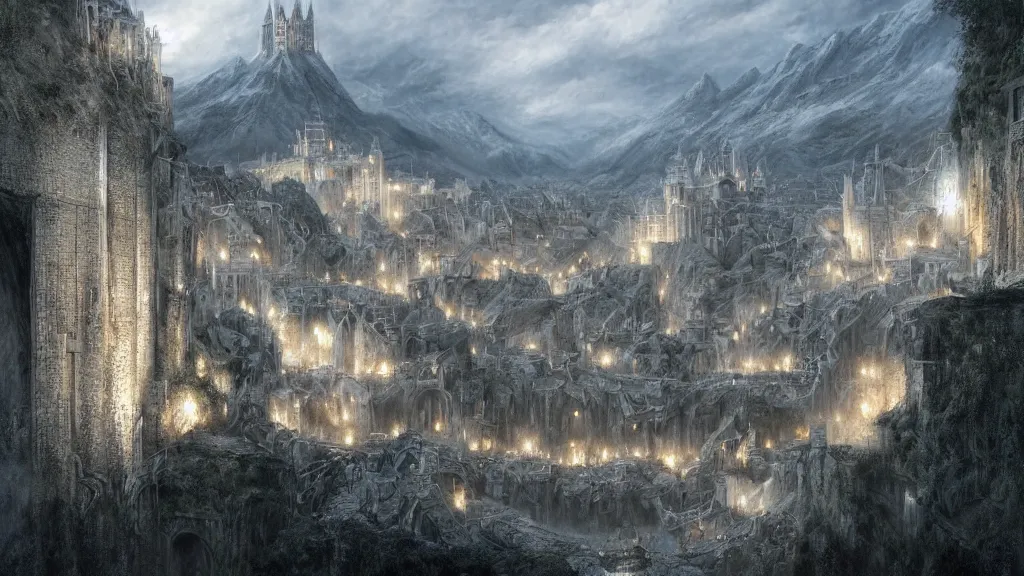 Image similar to the white city of minas tirith in gondor, middle - earth, by alan lee, michal karcz, smooth details, lord of the rings, game of thrones, smooth, detailed terrain, oil painting, trending artstation, concept art, fantasy matte painting