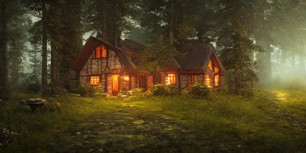 Prompt: a cottage in the woods, 8k, fantasy, hyper realistic, dramatic lighting, cinematic