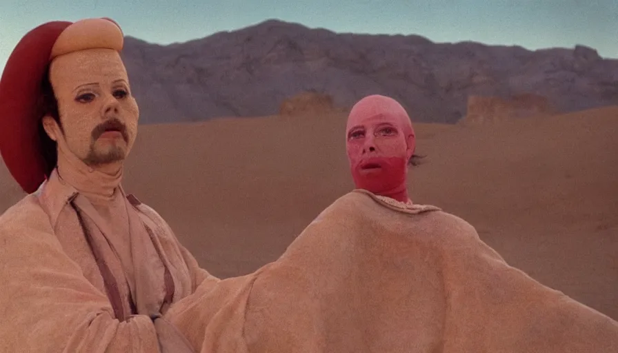 Image similar to movie still by alejandro jodorowsky of a theater company playing in the desert, cinestill 8 0 0 t eastmancolor technicolor, high quality, very detailed, heavy grain, fine facial features, 8 k, octane render