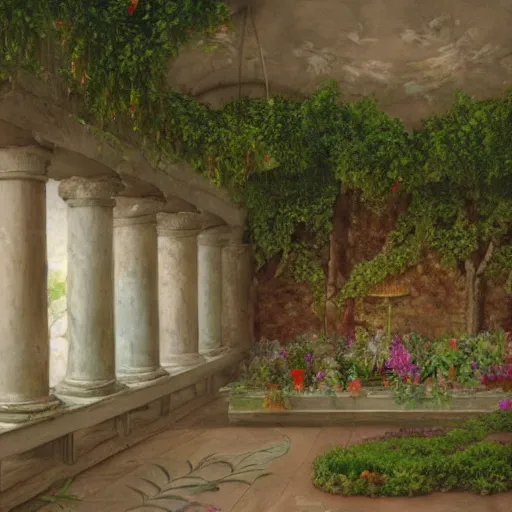 Prompt: delicate garden on paper, floating robes, puffy, vines, botanical herbarium, botanic watercolors, coastline, iridescent, 8 k wide angle, realistic shaded, fine details, artstation, italian, rainbow, colonnade, oak, pinecone, gardena architecture, pompeii, naples, sicilian, boundary wall