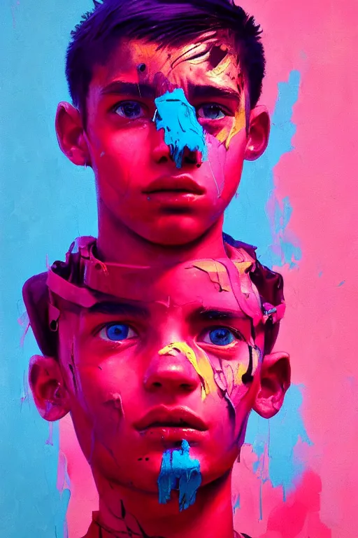 Image similar to portrait of a young soldier boy nor living in a death postapoliptic world, painted in acrylic, in the colors hot pink and cyan, beautiful face, rule of thirds, complex outfit, spotlight, octane render, dramtic lit, by greg rutkowski, by jeremy mann, by francoise nielly, by van gogh, digital painting