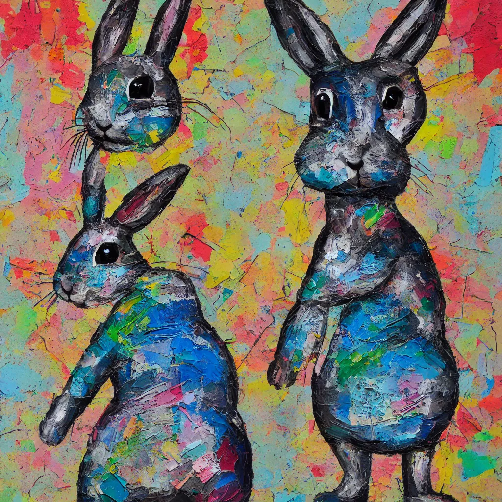 Prompt: arty rabbit, paint, collage, clay, cardboard, lineart, textured, impasto, street art, trending on artstation, hd