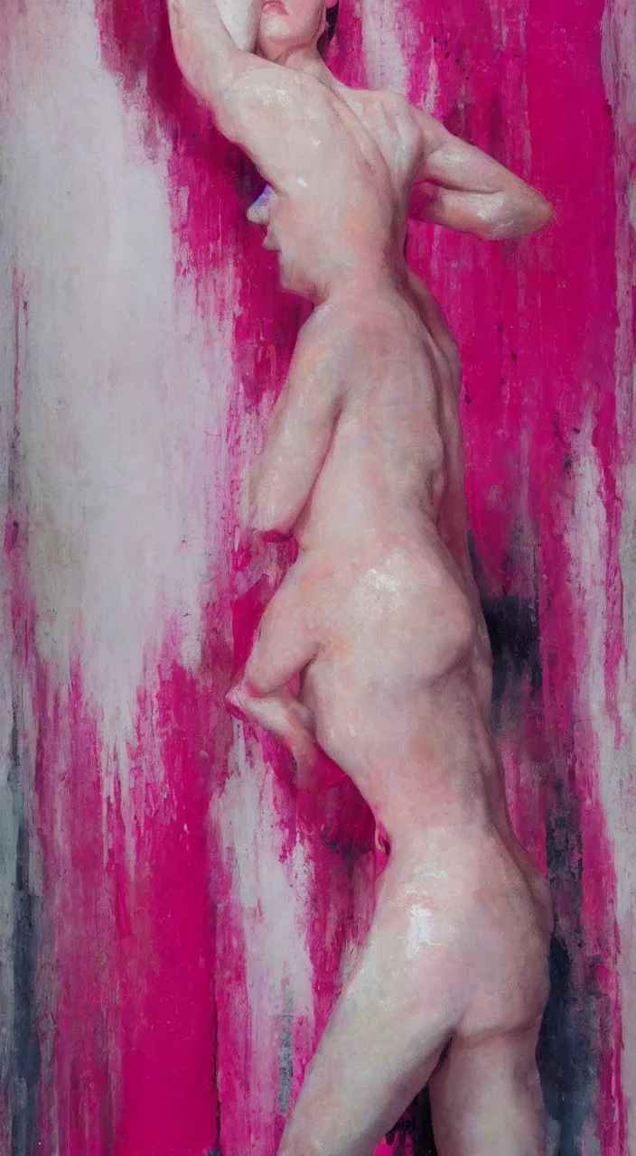 Image similar to dripping pink paint on the figure of a human woman, realistic, with high detail, on a white background,