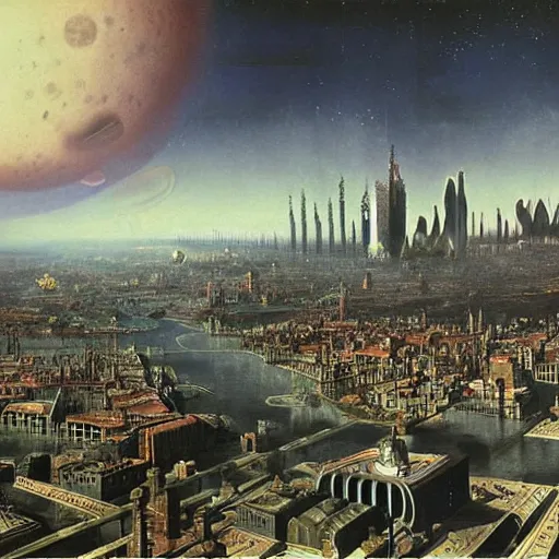 Image similar to Planetary City by Ansel Adams and Bernardo Bellotto, chillwave aesthetic!! matte painting