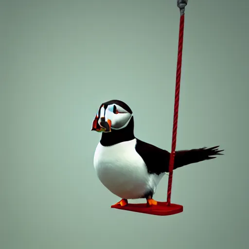 Image similar to puffin in a swing, Ultra realistic illustration, concept art, cgsociety, octane render, trending on artstation, artstationHD, artstationHQ, unreal engine, 4k, 8k --height 768