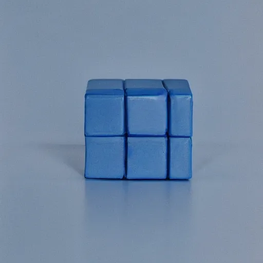 Image similar to 1 blue cube on white studio floor, soft light