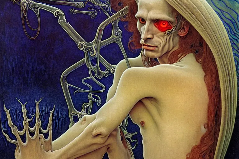 Image similar to realistic extremely detailed portrait painting of an elegantly creepy vampire man in cape, futuristic sci-fi landscape on background by Jean Delville, Amano, Yves Tanguy, Alphonse Mucha, Ernst Haeckel, Edward Robert Hughes, Roger Dean, rich moody colours, blue eyes