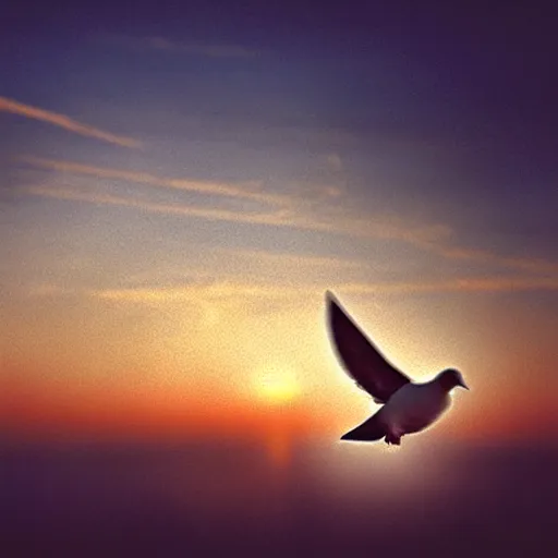 Prompt: Realistic POV shot of a dove flying over the clouds at sunset, ethereal, vintage photograph, film grain, surreal, awe-inspiring