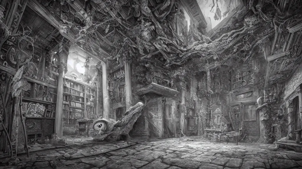 Prompt: a beautiful hyper realistic detailed matte painting of the owl manor, a place where you will be lost in strange room full of optical illusion and tricky perspective, dramatic lighting, dynamic lighting, cinematic lighting, dynamic lighting, cinematic lighting, lit by morning light, by maurits cornelis escher, black and white, featured on artstation, ultrawide angle