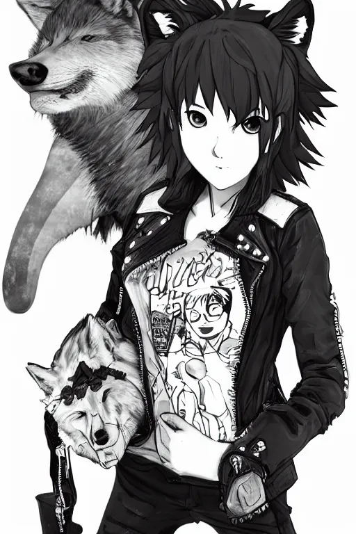 Image similar to portrait of a punk girl in a leather jacket wearing a wolf's head over her face, anime sketch, cool girl with wolf on her head, studio ghibli, miyazaki