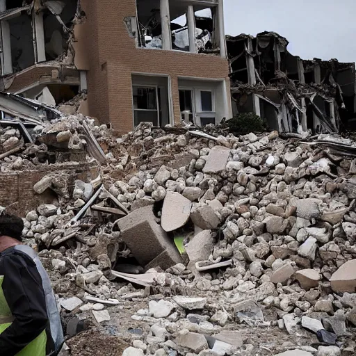 Prompt: a rubble after a building collapsed, shaped like a face screaming in despair, journalistic photograph.