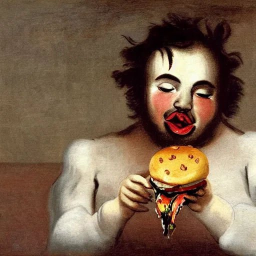 Image similar to painting of a sad man devouring cheeseburger in the style of francisco goya