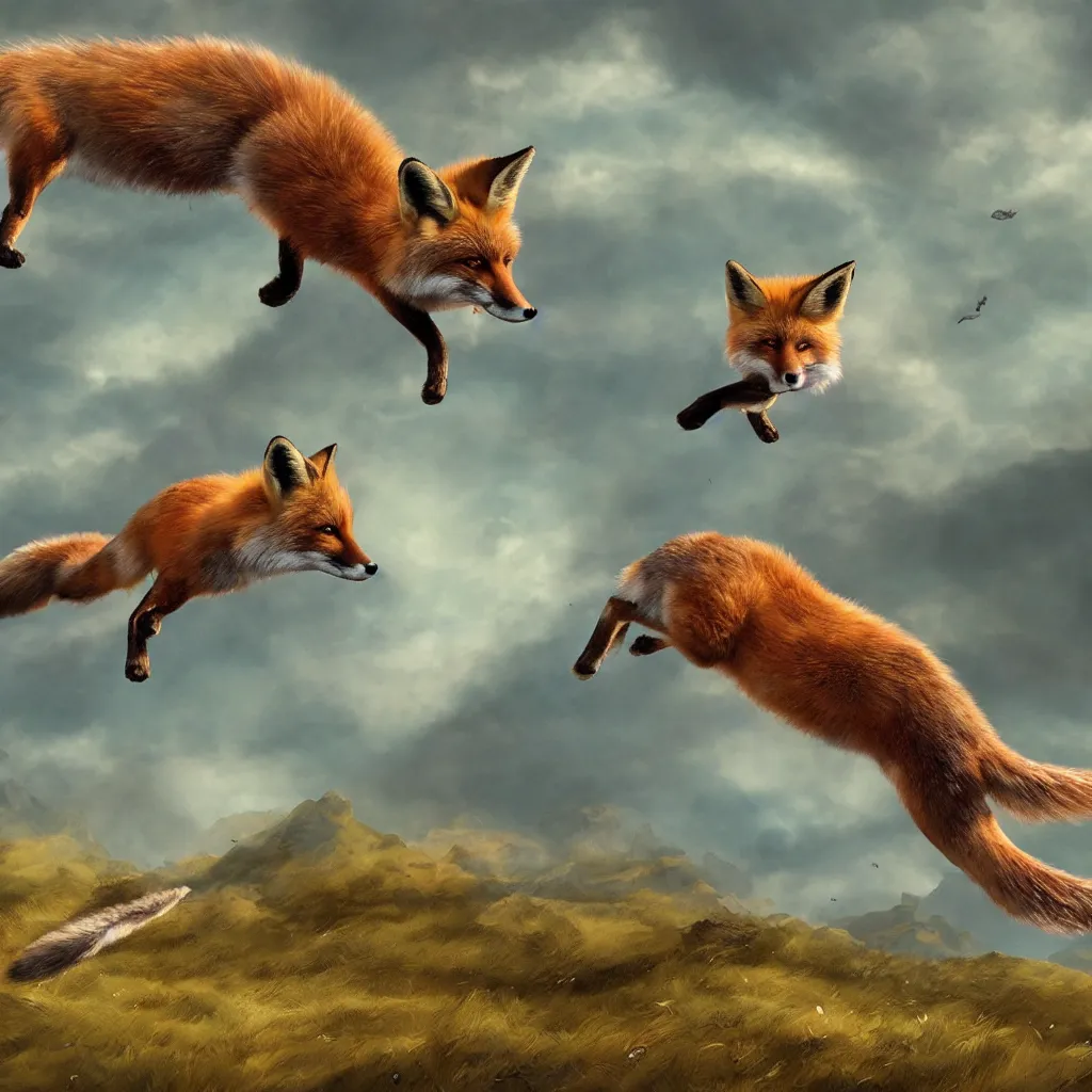 Image similar to fox flying through landscape, concept art, cinematic lighting, artstyle encyclopedia pictura