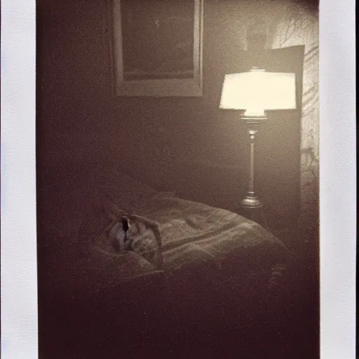 Prompt: paranormal polaroid of a singular menacing owl perched on the bed headboard, the owl is very big, low key lighting, creepy atmosphere