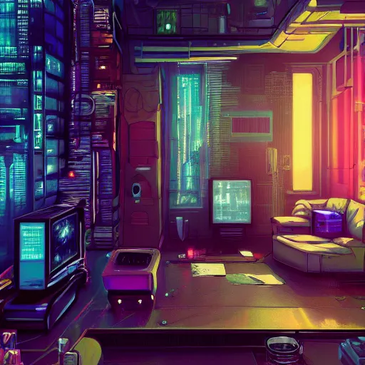 Image similar to the cyberpunk apartment, render, octane, 4k, highly detailed, vivid colors, high definition, by Victo Ngai