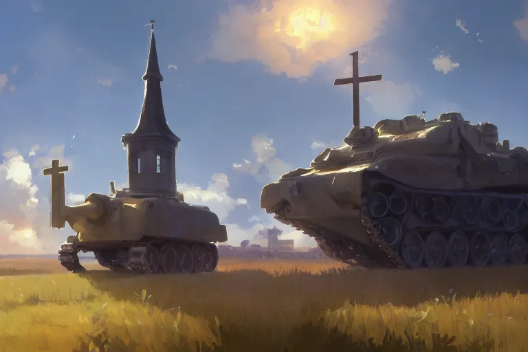 Image similar to a tank with a church as tower, scene in an open field. key visual, conceptart, ambient lighting, highly detailed, digital painting, artstation, concept art, sharp focus, by makoto shinkai and akihiko yoshida and greg manchess