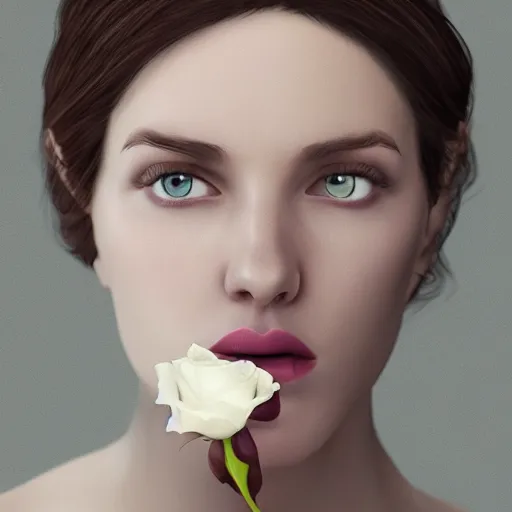 Prompt: meredit frampton style hight focus of a wonderful realistic sweet wonderful symmetrical profile portrait of a lady with a clear skin, she is eating a realistic white rose, dramatic light, cinematic, artstation, octane render 8 k s 1