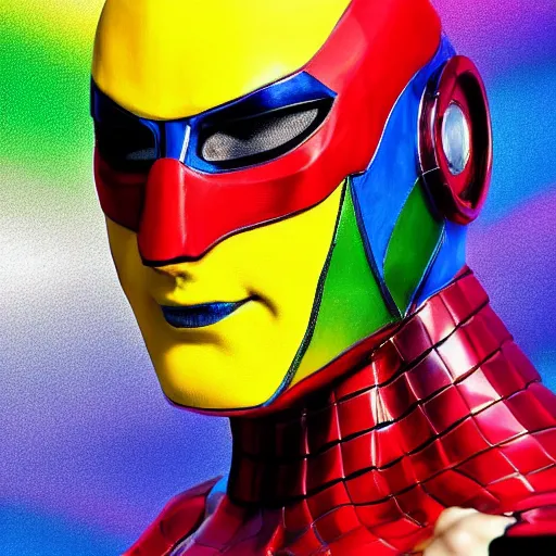 Image similar to a detailed portrait photo of a rainbow themed super hero, super hero costume, super hero mask, cinematic shot, marvel, dc,