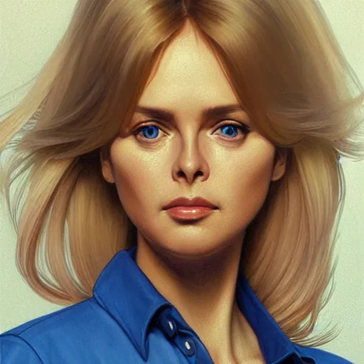 Image similar to portrait of a blonde fuller figured middle aged barbara bach from the bond film wearing blue dungarees and eating ice creams with michael mcintyre wearing a blue shirt and chinos in porto, real life skin, intricate, elegant, highly detailed, artstation, concept art, smooth, sharp focus, art by artgerm and greg rutkowski and alphonse mucha