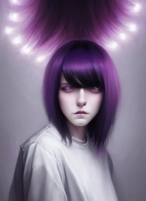 Image similar to hair blackbangs hair, white hair, blackbangs, portrait of teenage girl with white hair, red irises, purple clothes, black bangs, bangs are different color from hair, intricate, elegant, glowing lights, highly detailed, digital painting, artstation, concept art, smooth, sharp focus, illustration, art by wlop, mars ravelo and greg rutkowski