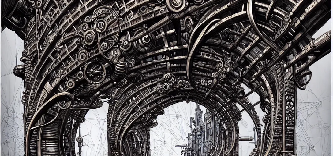 Prompt: a double helix dna cyberpunk steampunk carved archway, high details, lineart, by vincent di fate and joe fenton, inking, screen print, masterpiece, trending on artstation, sharp, high contrast, hyper - detailed,, hd, 4 k, 8 k