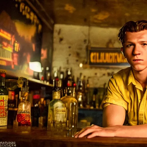 Image similar to tom holland at a 1 9 5 0's bar during a rainy night, cinematic lighting, photorealistic