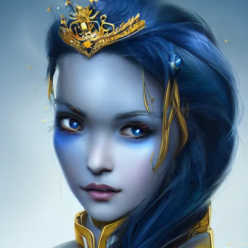 Image similar to a photographic portrait of an heroïc fantasy 30 years old princess with a deep blue saphire and gold diadem by Zhang Jigna, canon 50mm, artstation