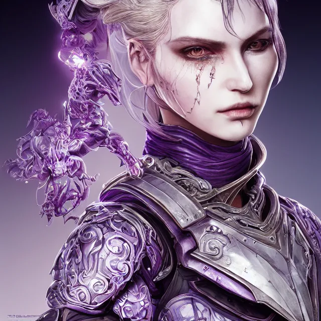 Image similar to close facial portrait of a pale woman in futuristic leather armor with a flowing purple, elegant, stoic, intense, ultrafine hyperdetailed illustration by kim jung gi, irakli nadar, intricate linework, sharp focus, bright colors, octopath traveler, final fantasy, hearthstone, highly rendered, global illumination, radiant light, detailed, intricate environment