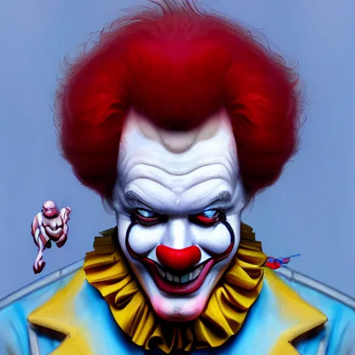 Image similar to portrait of Ronald McDonald the rapist clown, muscular, wild, upper body, D&D, fantasy, intricate, cinematic lighting, highly detailed, digital painting, artstation, concept art, smooth, sharp focus, illustration, art by Hajime Sorayama