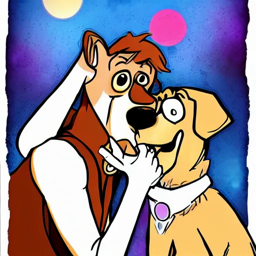 Prompt: shaggy and scooby - doo kissing, digital art