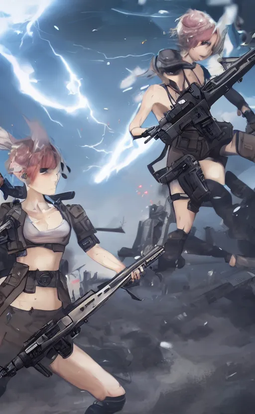 Prompt: a battle sequence, flashy shots, highly detailed, high resolution, character design art, stunning, volumetric lightning, realistic guns, girls frontline style, matte, sharp focus, 150mm, illustration, artstation, by kuvshinov ilya, realistic human anatomy, simple design, realistic military gear