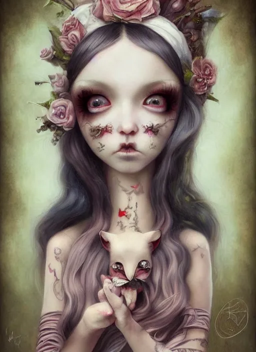 Image similar to pop surrealism, lowbrow art, realistic cute alice girl painting, japanese street fashion, hyper realism, muted colours, rococo, natalie shau, lori earley, tom bagshaw, mark ryden, trevor brown style,