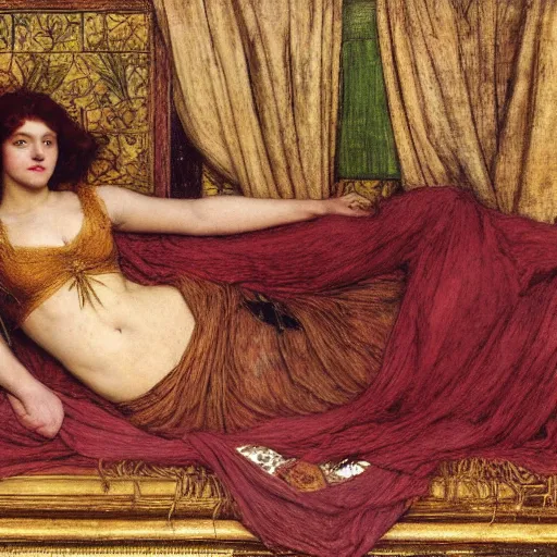 Image similar to preraphaelite photography reclining on bed, a hybrid of judy garland and caterina cornaro, aged 2 5, big brown fringe, yellow ochre ornate medieval dress, john william waterhouse, kilian eng, rosetti, john everett millais, william holman hunt, william morris, 4 k