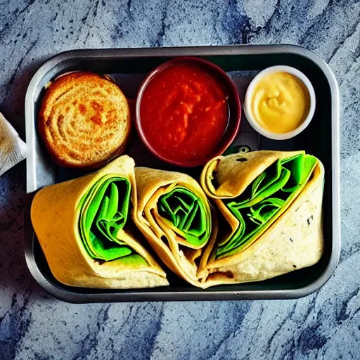 Image similar to a saucy [ chicken wrap ]! served in a tray of a [ fast food ], instagram food, hyperdetailed