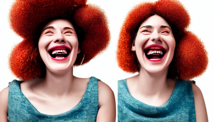 Prompt: portrait of a beatuiful jolly laughing woman with nice features, fantasy, kind vibe, looking into the camera, studio photography, studio lighting, realistic render, octane render, 4 k, 8 k, face in focus