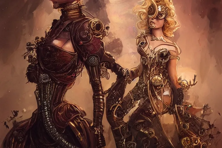 Image similar to three-quarters pose portrait of Margot Robbie as a beautiful Lady Mechanika, very beautiful young woman, ginger wavy hair, Victorian-era push-up underwire. Intricate, steampunk imagery themed, D&D!, fantasy style, sharp focus!, ultra detailed, art by Artgerm and Peter Andrew Jones