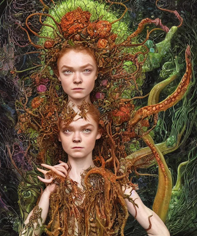 Prompt: portrait photograph of a fierce sadie sink as an alien dryad queen with slimy amphibian skin. she is trying on bulbous slimy organic membrane fetish fashion collar and transforming into a fiery succubus amphibian villian medusa. by donato giancola, walton ford, ernst haeckel, brian froud, hr giger. 8 k, cgsociety