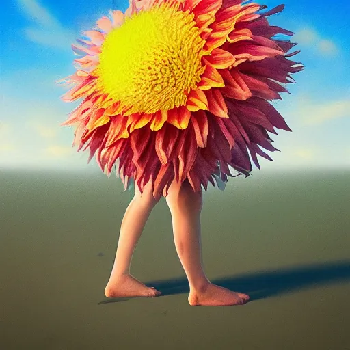 Image similar to closeup big dahlia flower under head, a girl walking between dunes, surreal photography, sunrise, blue sky, dramatic light, impressionist painting, digital painting, artstation, simon stalenhag