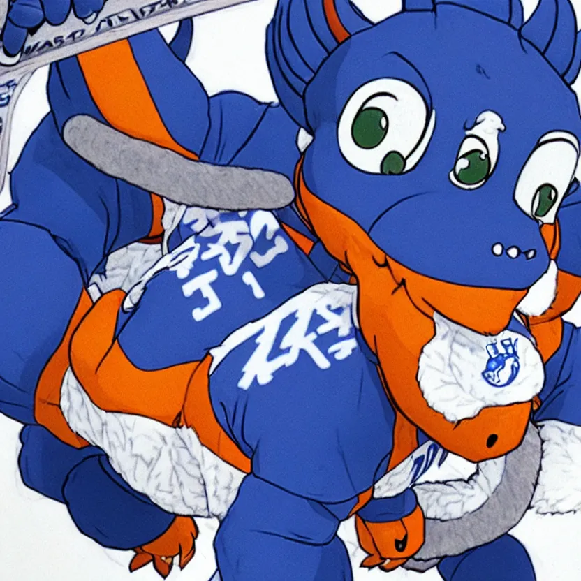 Prompt: film still of an anthropomorphic male blueberry dragon fursona in ice hockey gear, highly detailed, sharp focus, by satoshi kon