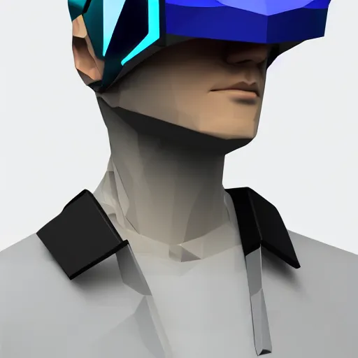 Prompt: low poly ps2 style render of a young cyberpunk man wearing a futuristic helmet in the style of Josan Gonzalez