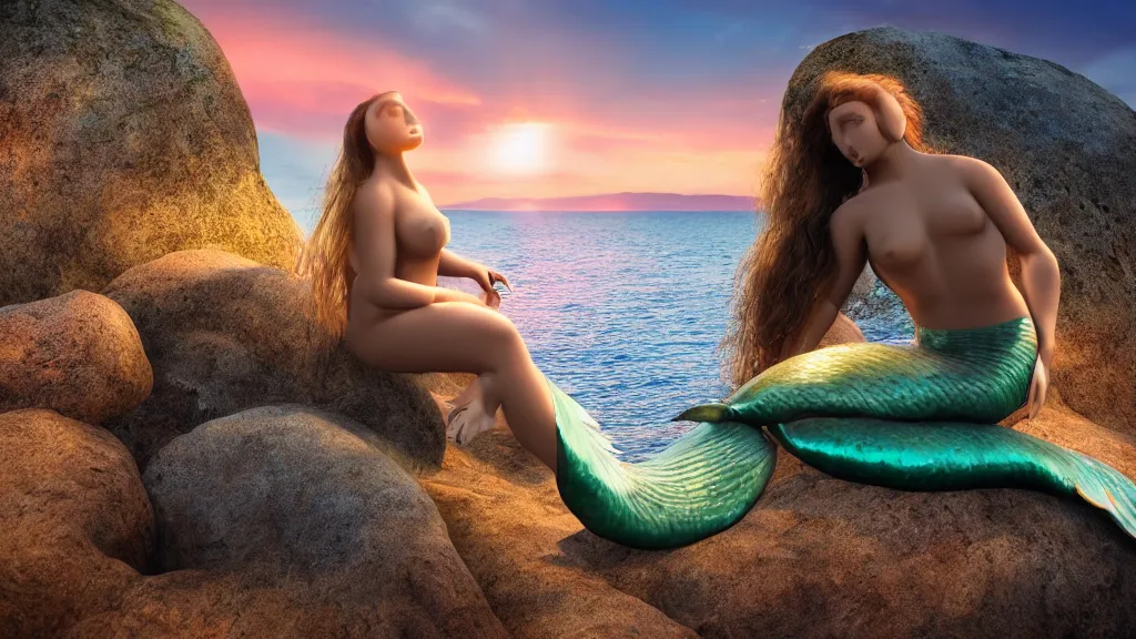 Image similar to a beautiful photograph of a mermaid sits on a rock and stares at the island, sunset lighting, rim light, hyper realistic, 1 0 5 mm, cinematic frame