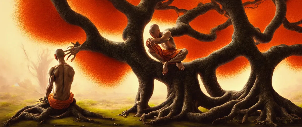 Image similar to hyperrealistic hyper detailed rococo 35mm portrait of handsome cyborg monk praying to a giant oak tree matte painting concept art key sage hannah yata very dramatic orange lighting low angle hd 8k sharp shallow depth of field