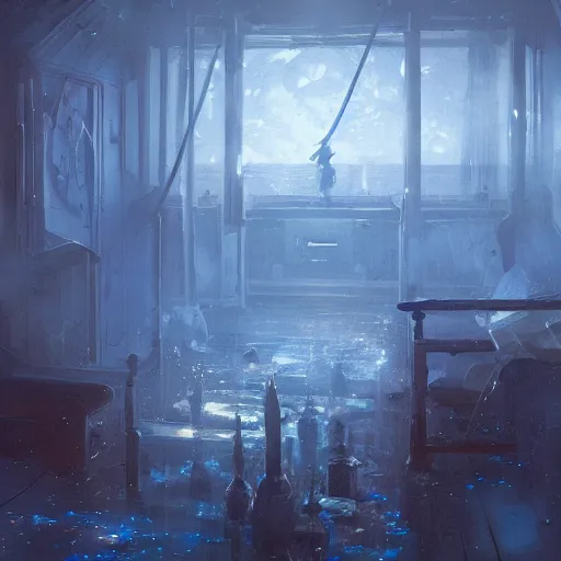 Prompt: blue ghostly spirits floating in a ship cabin, fantasy, D&D, by Greg Rutkowski