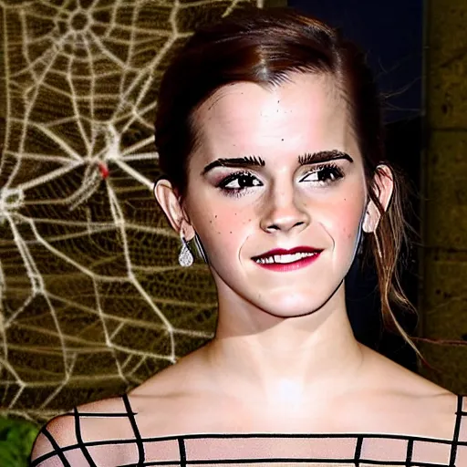 Prompt: emma watson stuck to the ceiling with a giant spider web