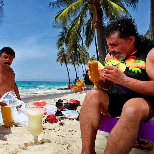 Prompt: Jesus Christ drinks a pina colada on the beach in puerto Vallarta, as a street peddler tries to sell him contaminated ceviche