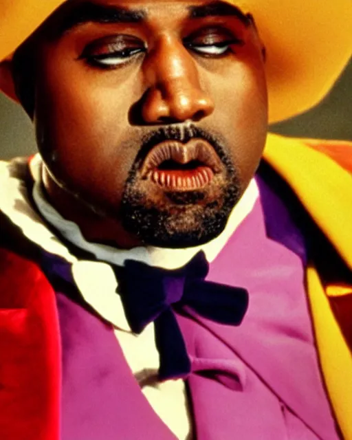 Prompt: film still close - up shot of kanye west as willy wonka from the 1 9 7 1 movie willy wonka & the chocolate factory. photographic, photography