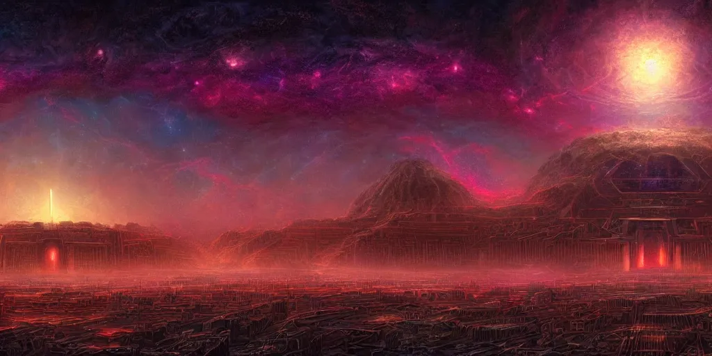 Image similar to an digital painting of the sumerian city surrounded by nebula wall, collosal sculpture of faceless god in the middle, lovecraft style, intricate details, detailed sky, starry night, artstation, epic scenery, colourful sky, cinematic, by marco bucci and marc simonetti