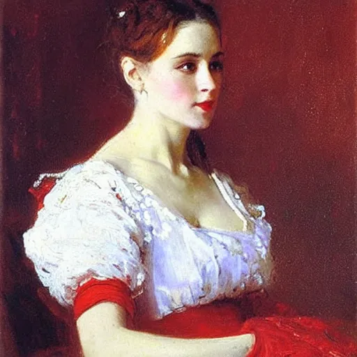 Prompt: portrait of a woman dressed in white and red, by nikolay makovsky.