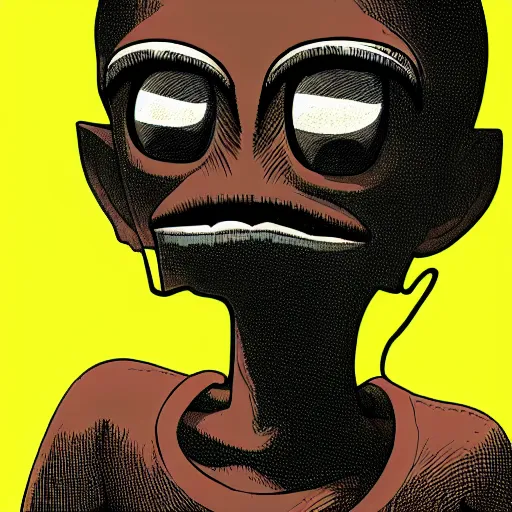 Image similar to a dark brown humanoid, hyper detailed, in the style of jamie hewlett and and jamie hewlett and jamie hewlett, selfie